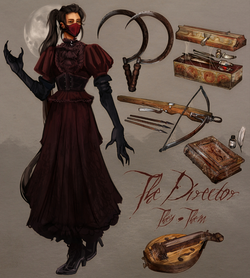 A character page for the Director with their name, pronouns, weapons, and various items on a stylized piece of paper.